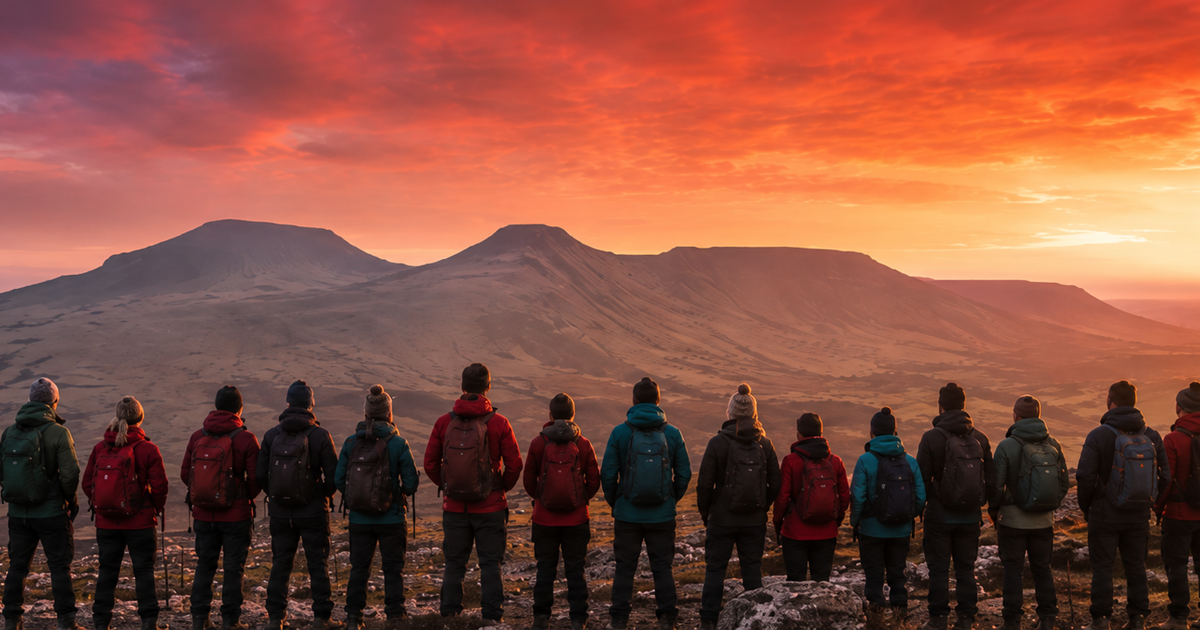 Team standing on a ridge at sunset looking towards the Yorkshire Three Peaks